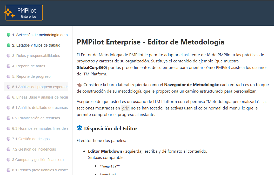 Editor de metodología de PMPilot